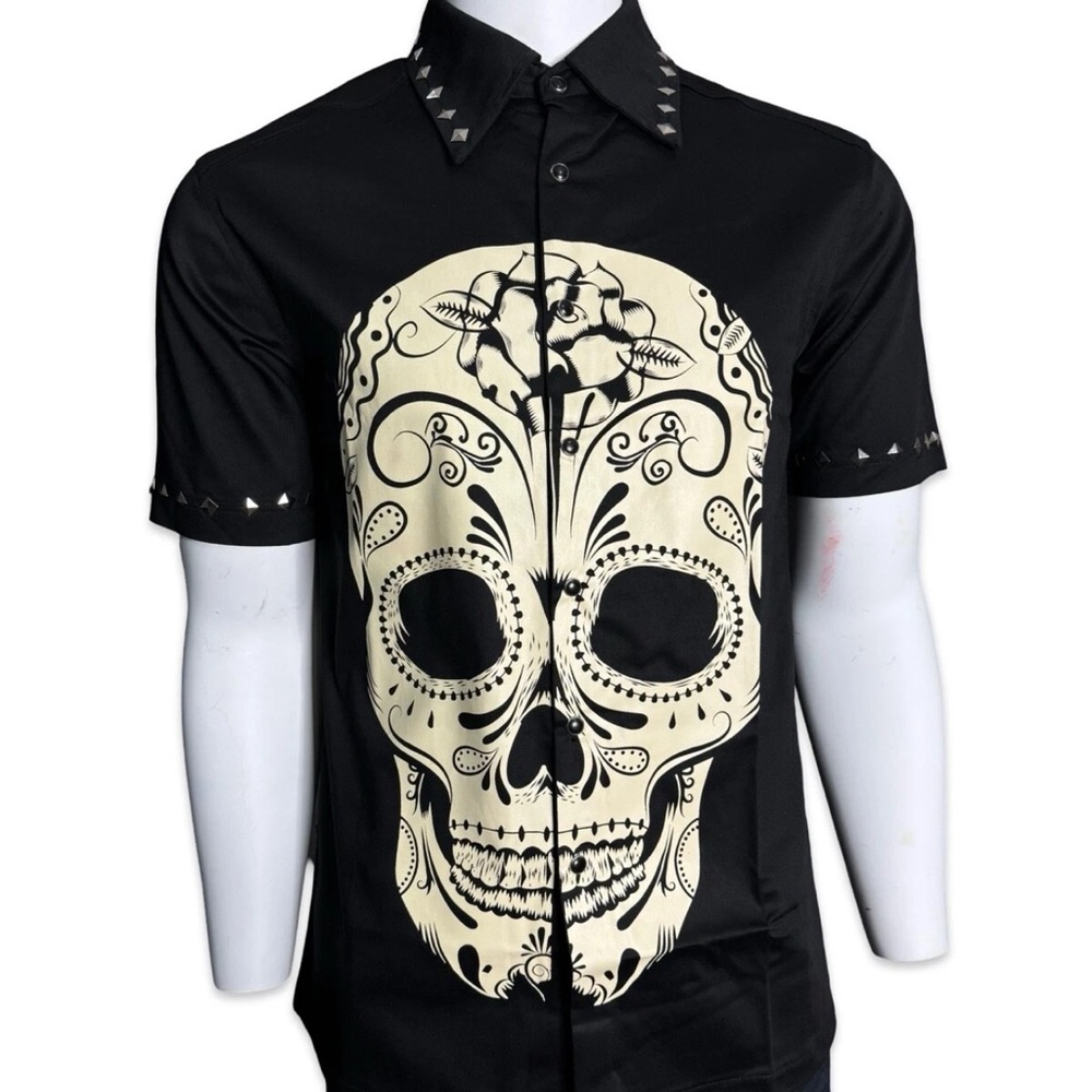 Jawbreaker Dia Day of Dead Black Skull Graphic Studded Men's Shirt NWT S Slim
